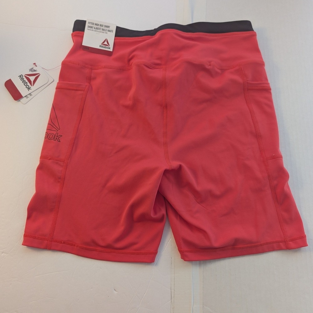 Reebok Fitted High Rise Shorts Womens L Coral Red Pockets Drawstring NWT - Picture 3 of 8